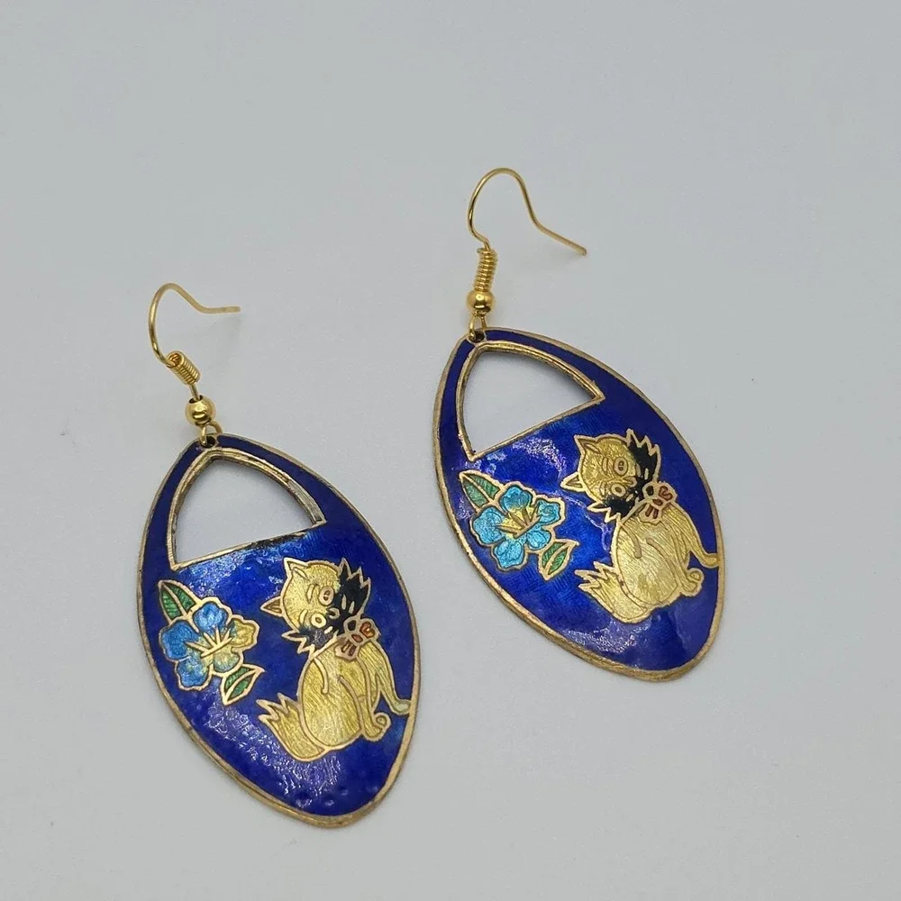 Vtg Cloisonne Kitten Cat Flower Earrings Cobalt Blue Enamel Gold‎ Dangle